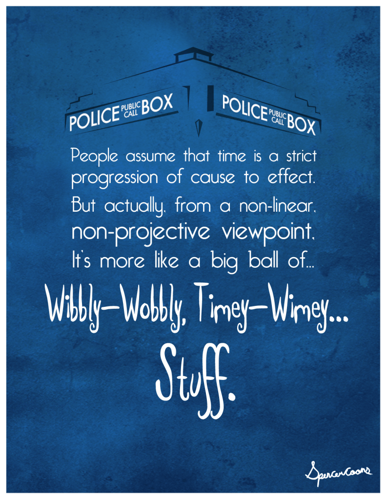 People assume that time is a strict progression of cause to affect, but actually, from a non-linear, non subjective point of view it is more like a big ball of wibbily wobbly timey wimey...stuff 
Doctor Who (David Tennant)